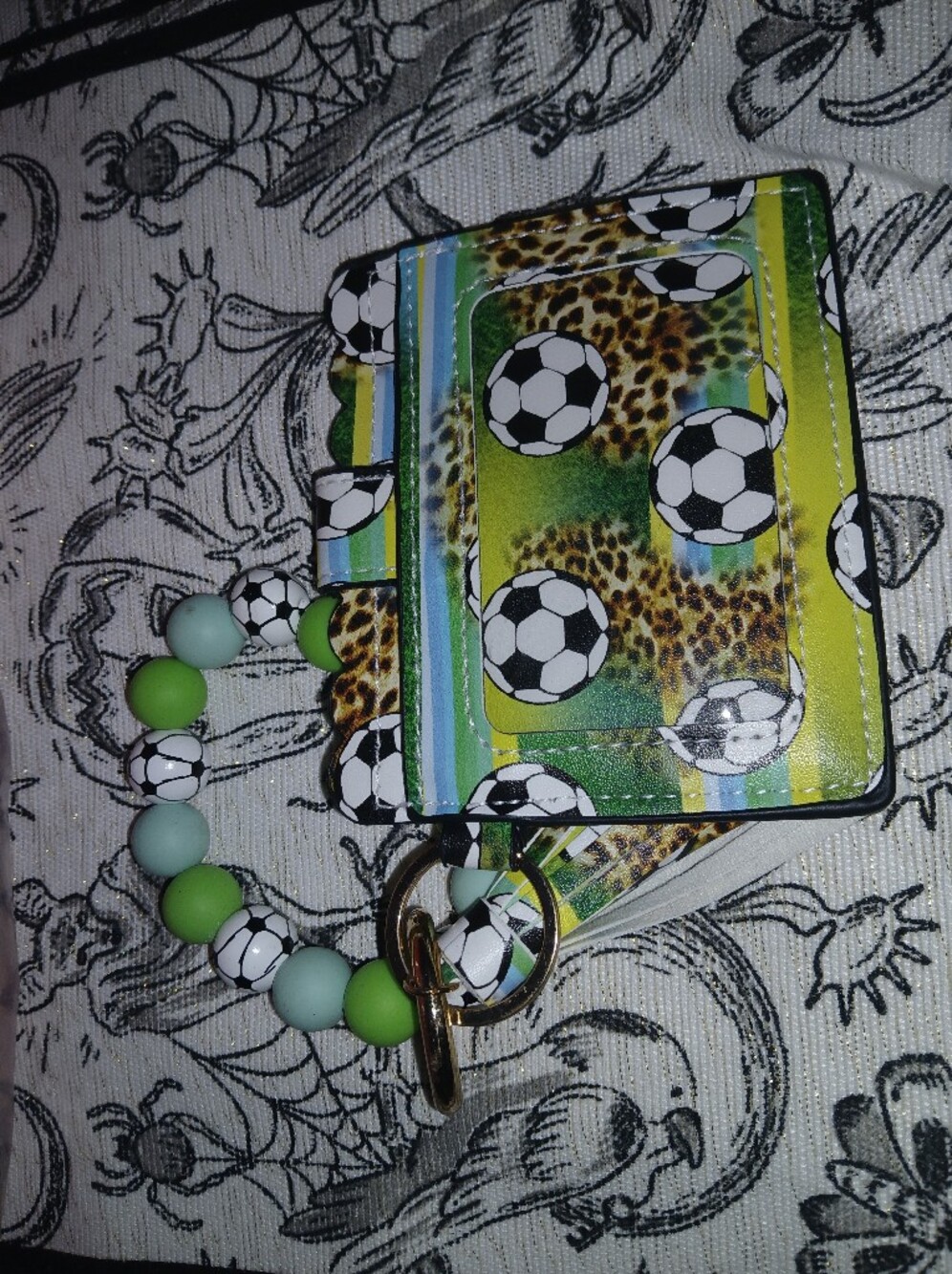 Soccer Print Card Holder with Bead Wristlet - Green Mix